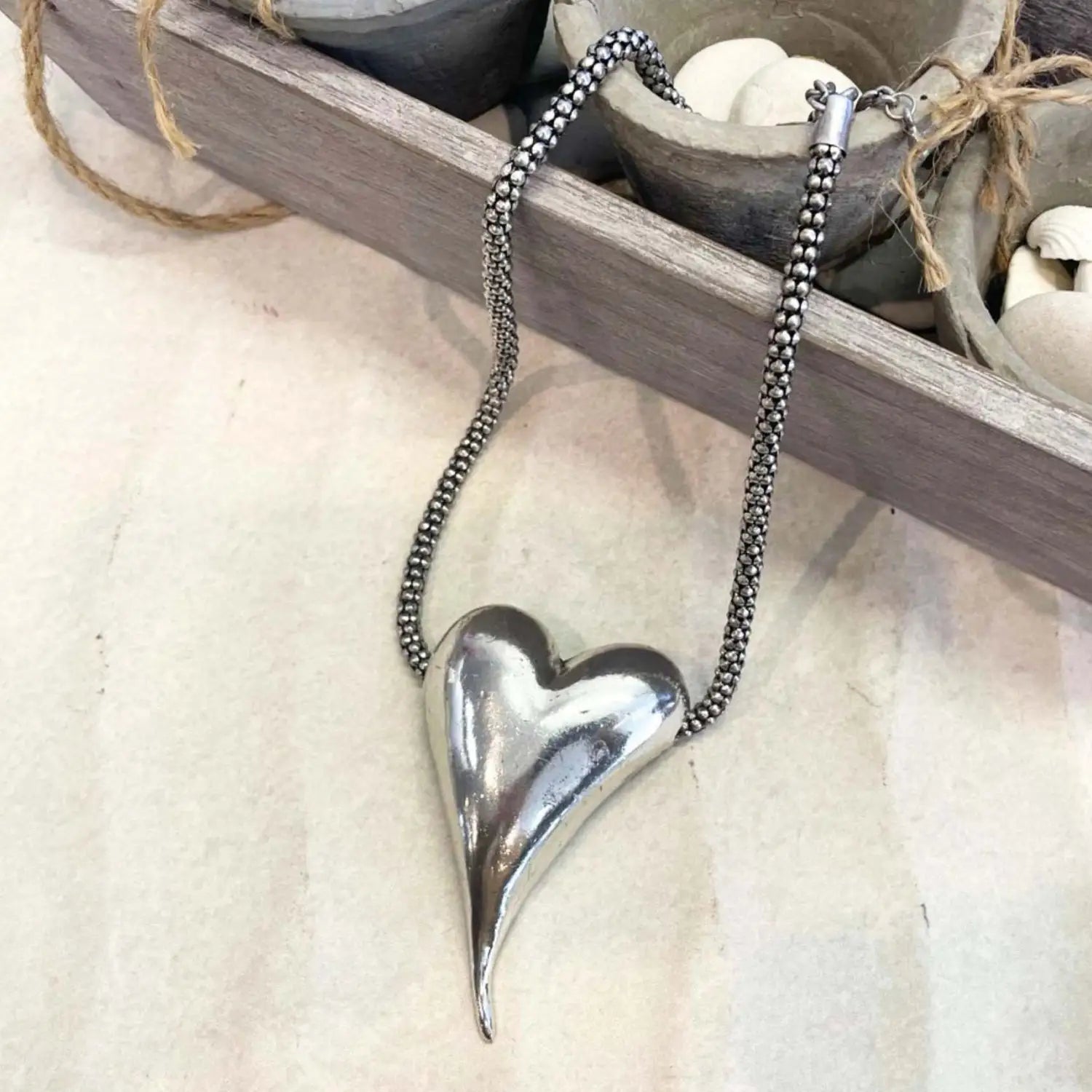 Chunky silver heart pendant on wooden box - Chunky heart pendant necklace, statement accessory