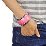 Chunky pastel hinged bangle - man wearing pink bracelet with silver band