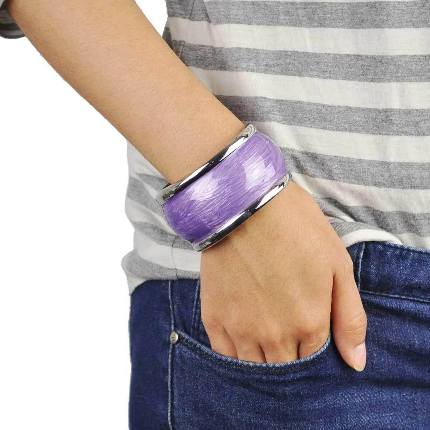 Chunky pastel hinged bangle with man wearing purple bracelet