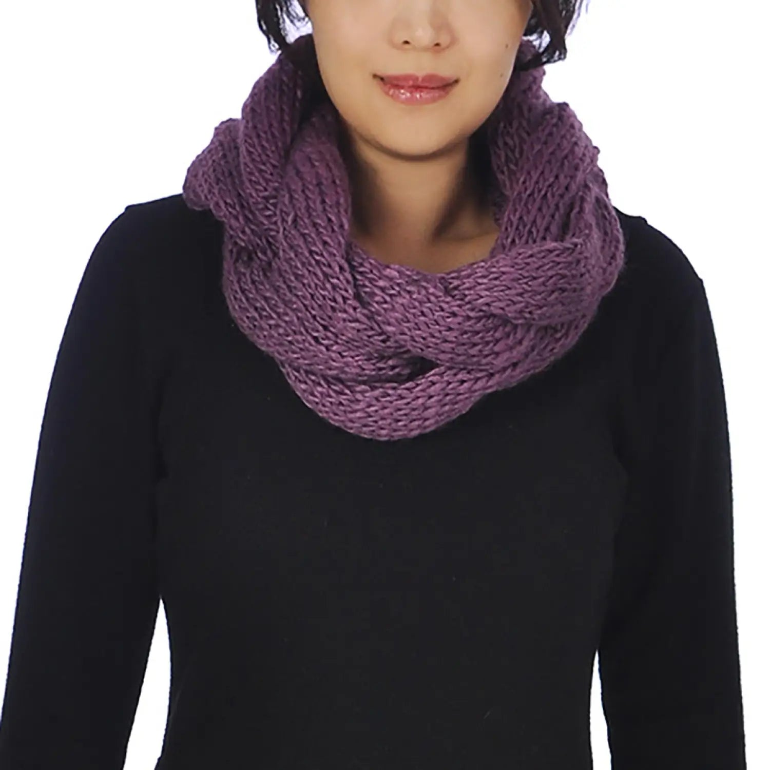 Chunky Plait Knitted Cowl Snood Scarf worn by woman in purple scarf