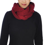 Chunky Plait Knitted Cowl Snood Scarf worn by woman in red scarf