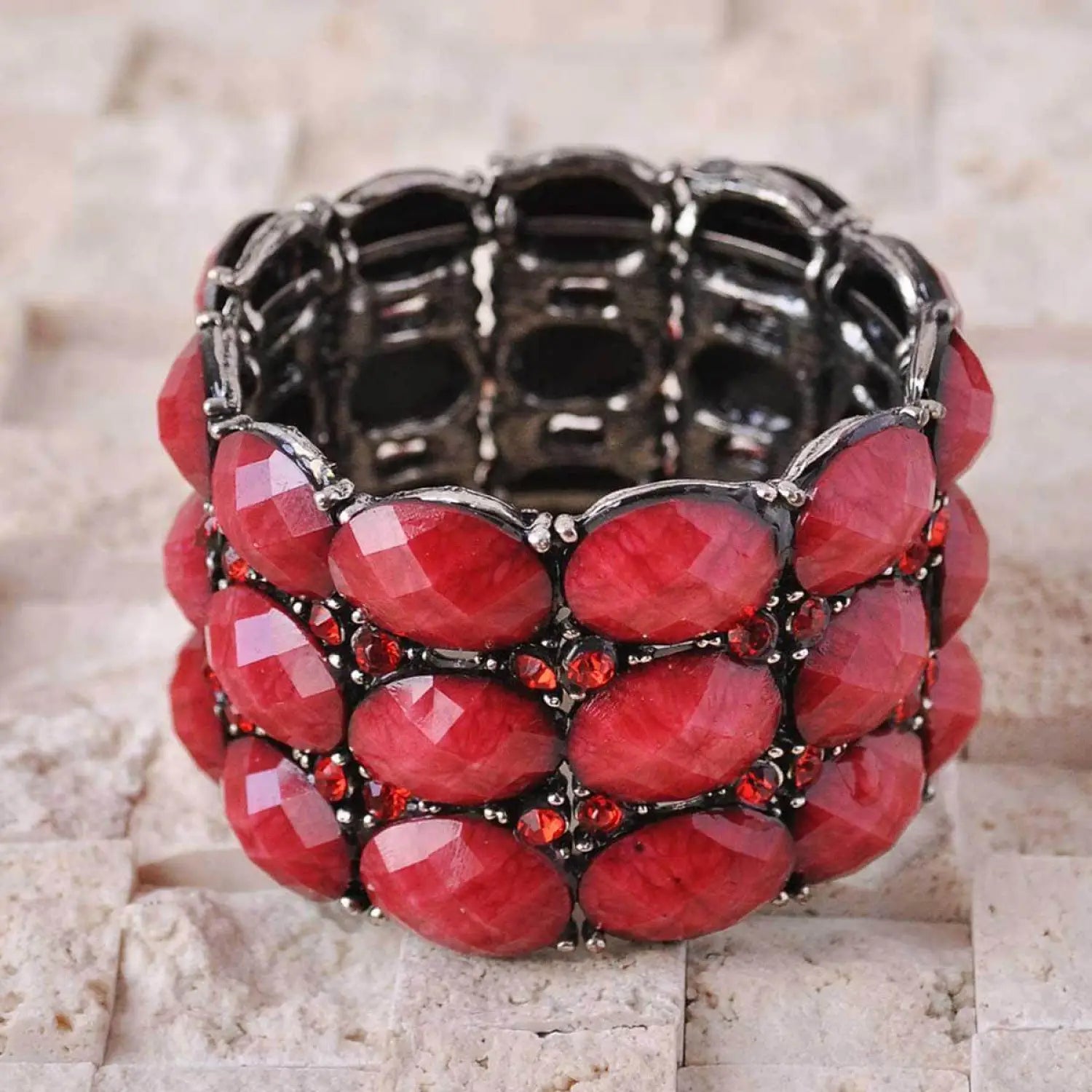 Red crystal stretch bracelet on Chunky Vivid Metal Beads Bangle - Statement Retro Bracelet Jewellery.