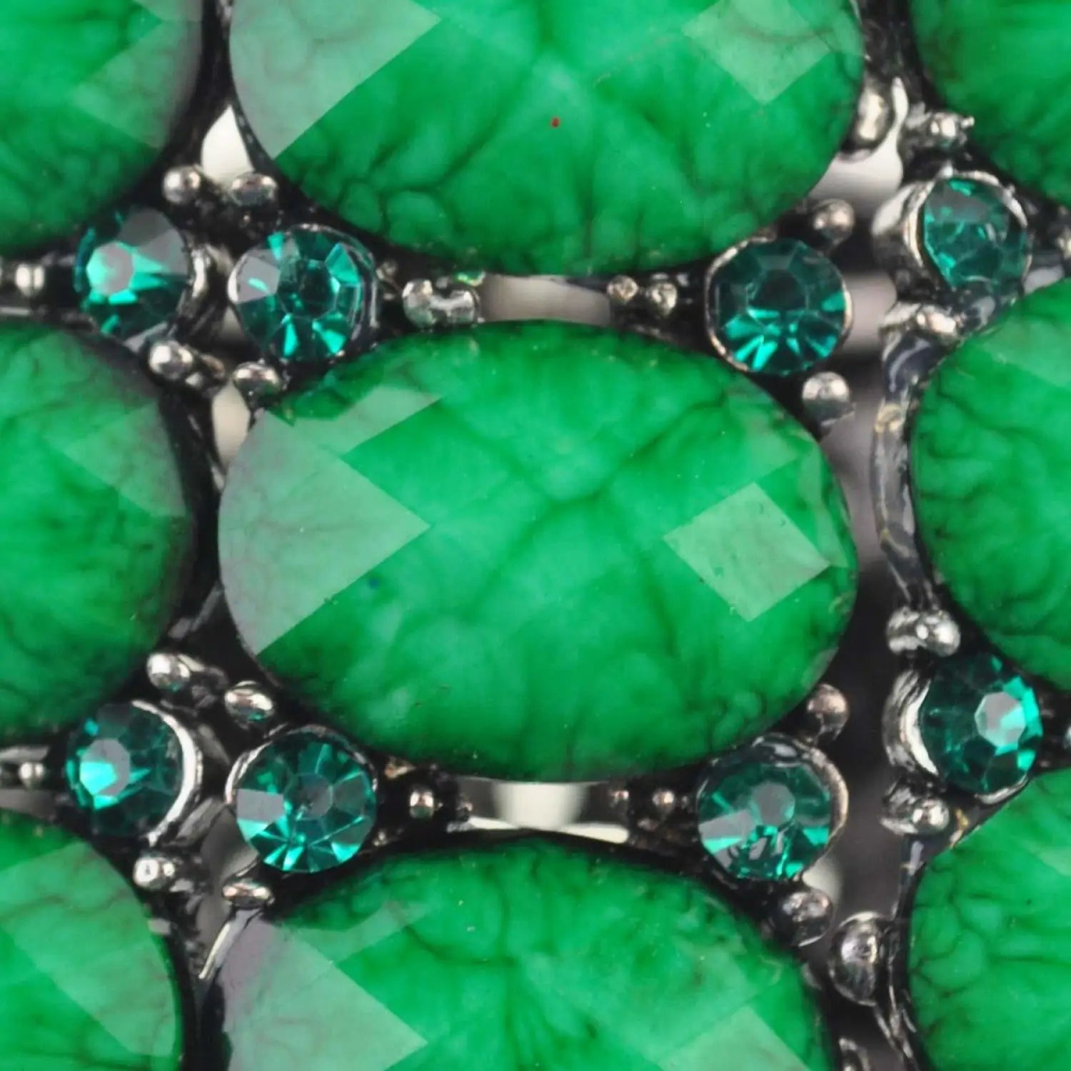 Green ring with diamonds on Chunky Vivid Metal Beads Bangle - retro statement bracelet.
