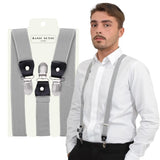 Man wearing white shirt and 25mm Y-shape suspenders with leather trim