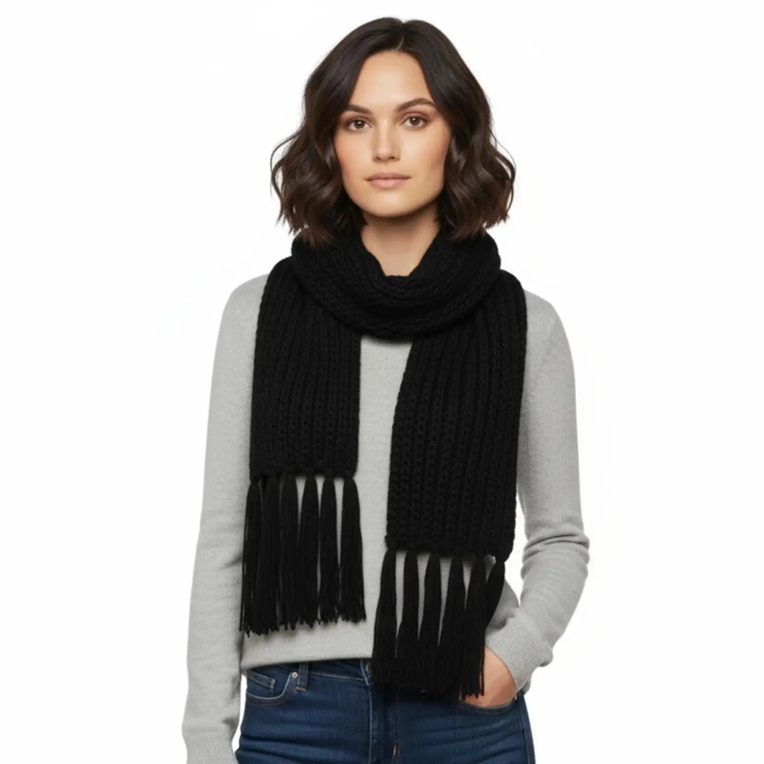Classic Knitted with Tassel Autumn/Winter scarf Long Scarves - Black - Knitted Scarves