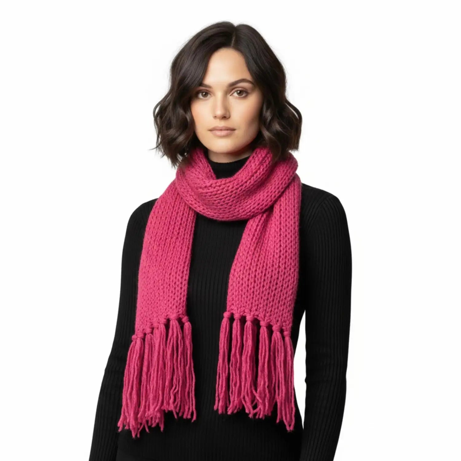 Classic Knitted with Tassel Autumn/Winter scarf Long Scarves - Fuchsia - Knitted Scarves