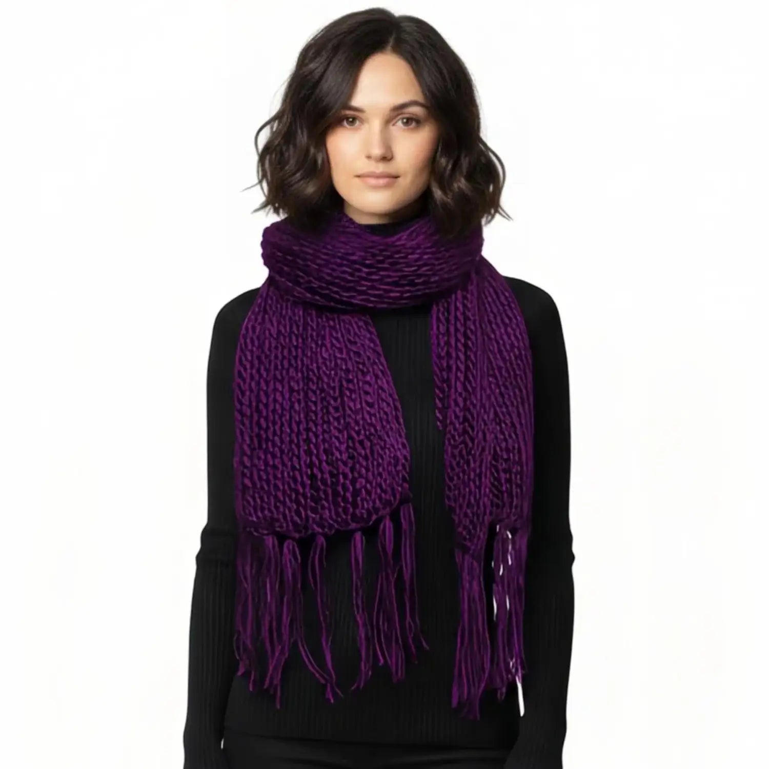 Classic Knitted with Tassel Autumn/Winter scarf Long Scarves - Purple - Knitted Scarves