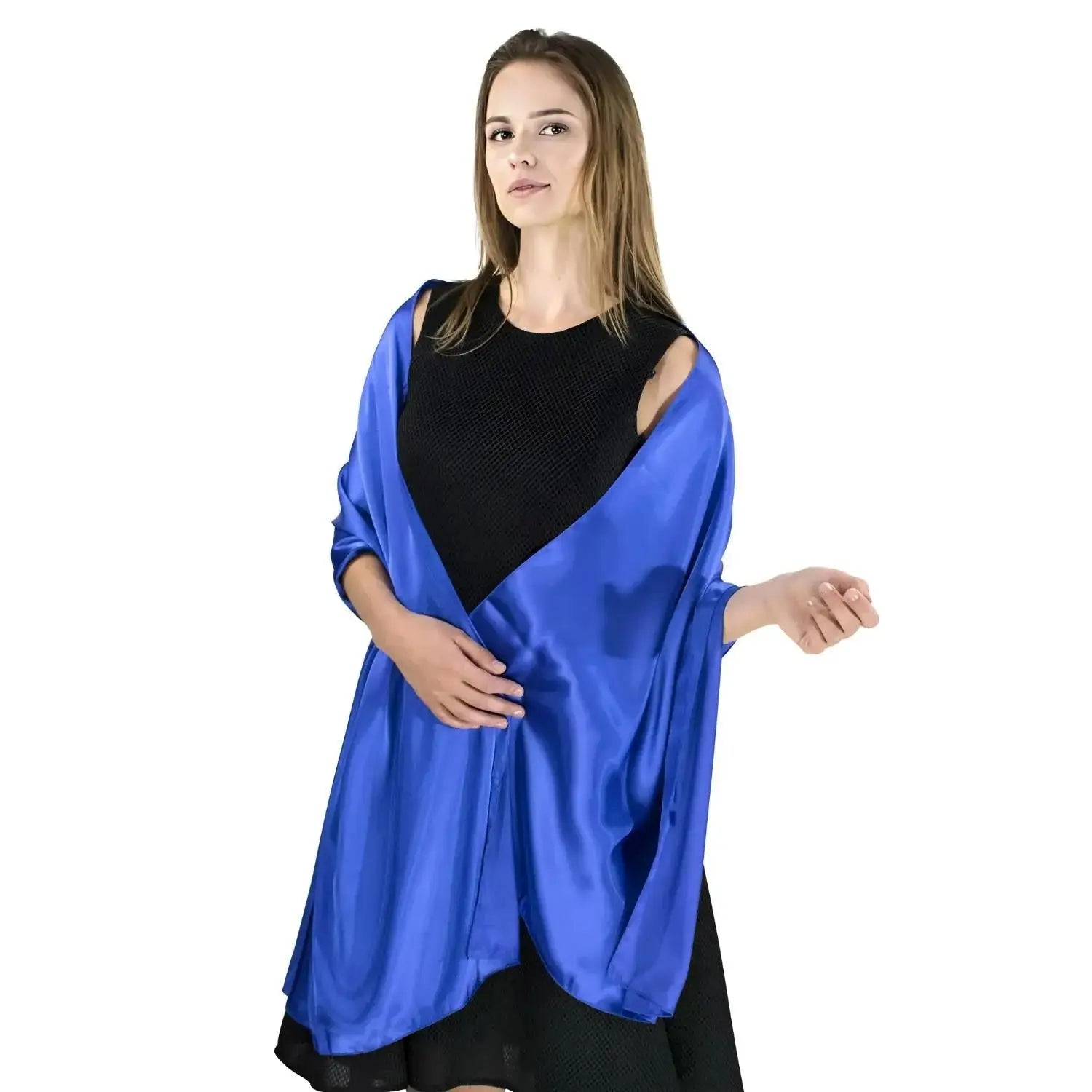 Elegant satin evening shawl draped over black dress - 71 x 27.5 inches