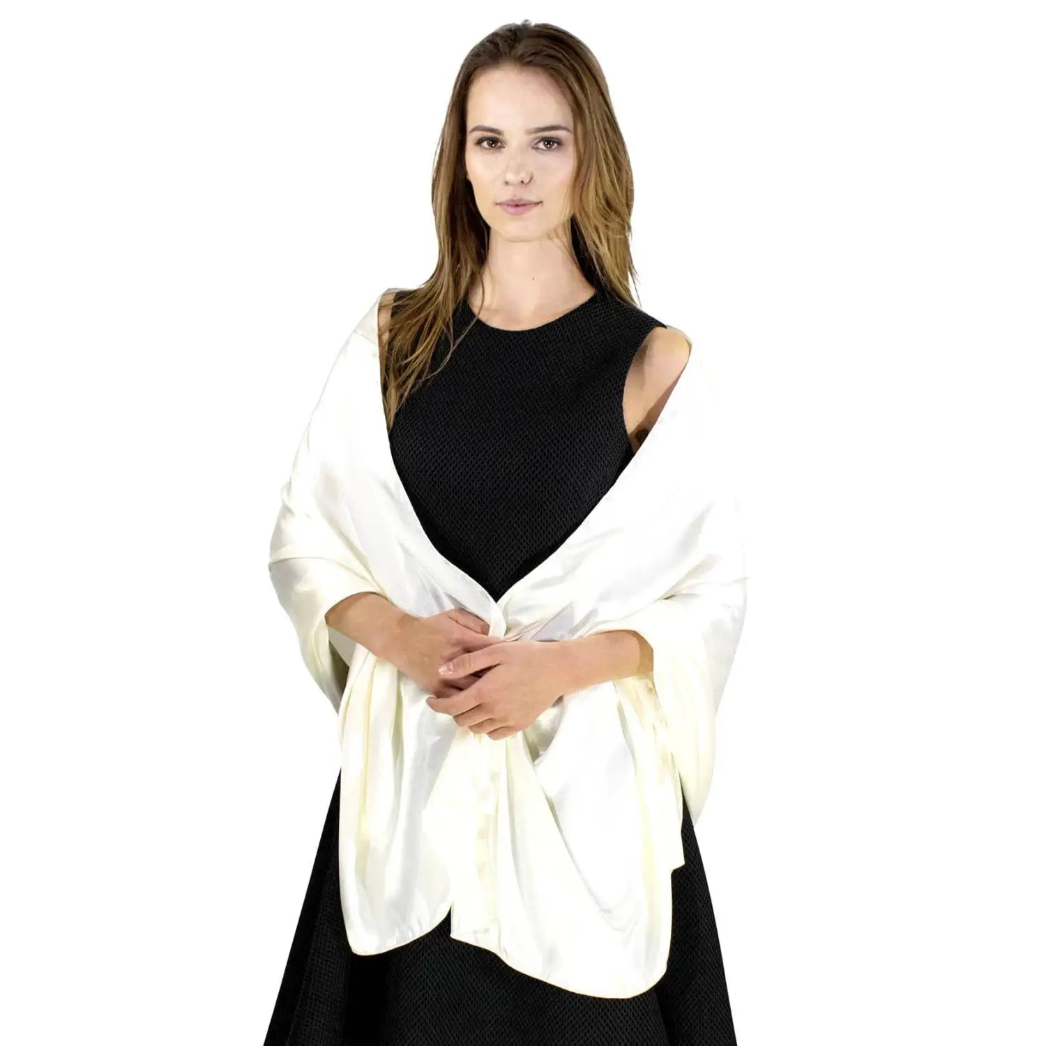 Elegant satin evening shawl draped over a sleeveless black dress, 71x27.5 inches