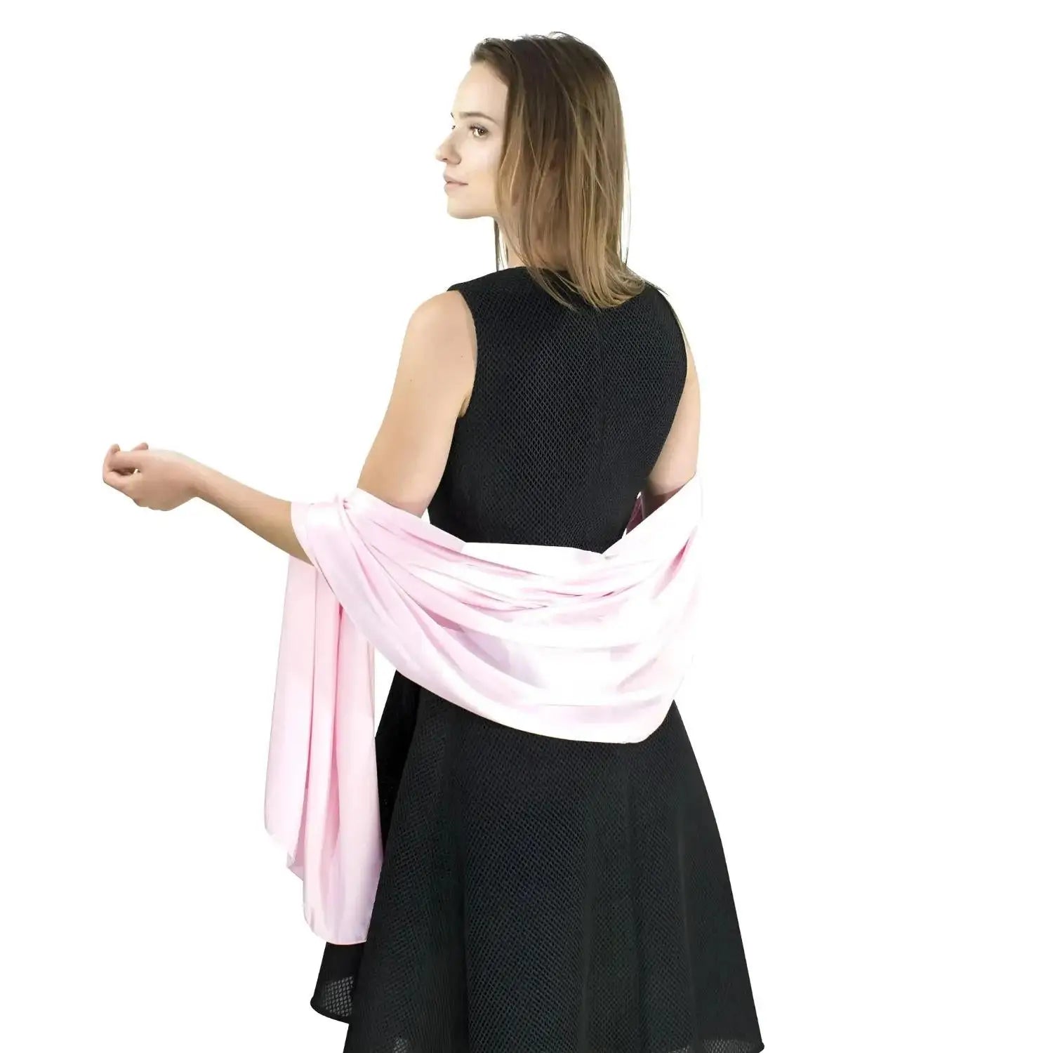 Woman in elegant black dress with light pink satin evening shawl, 71 x 27.5 inches