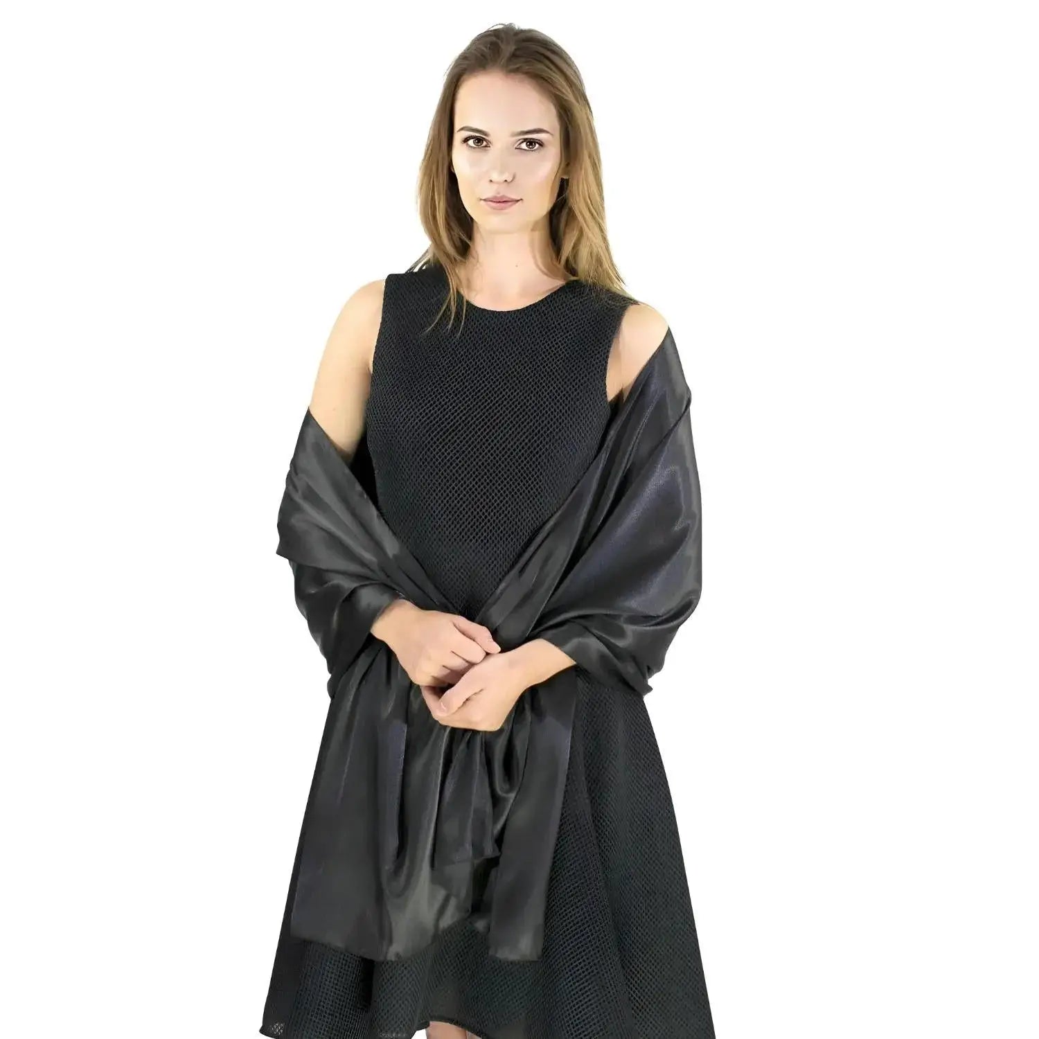 Elegant satin evening wear: Woman in black dress with satin silk feeling scarf