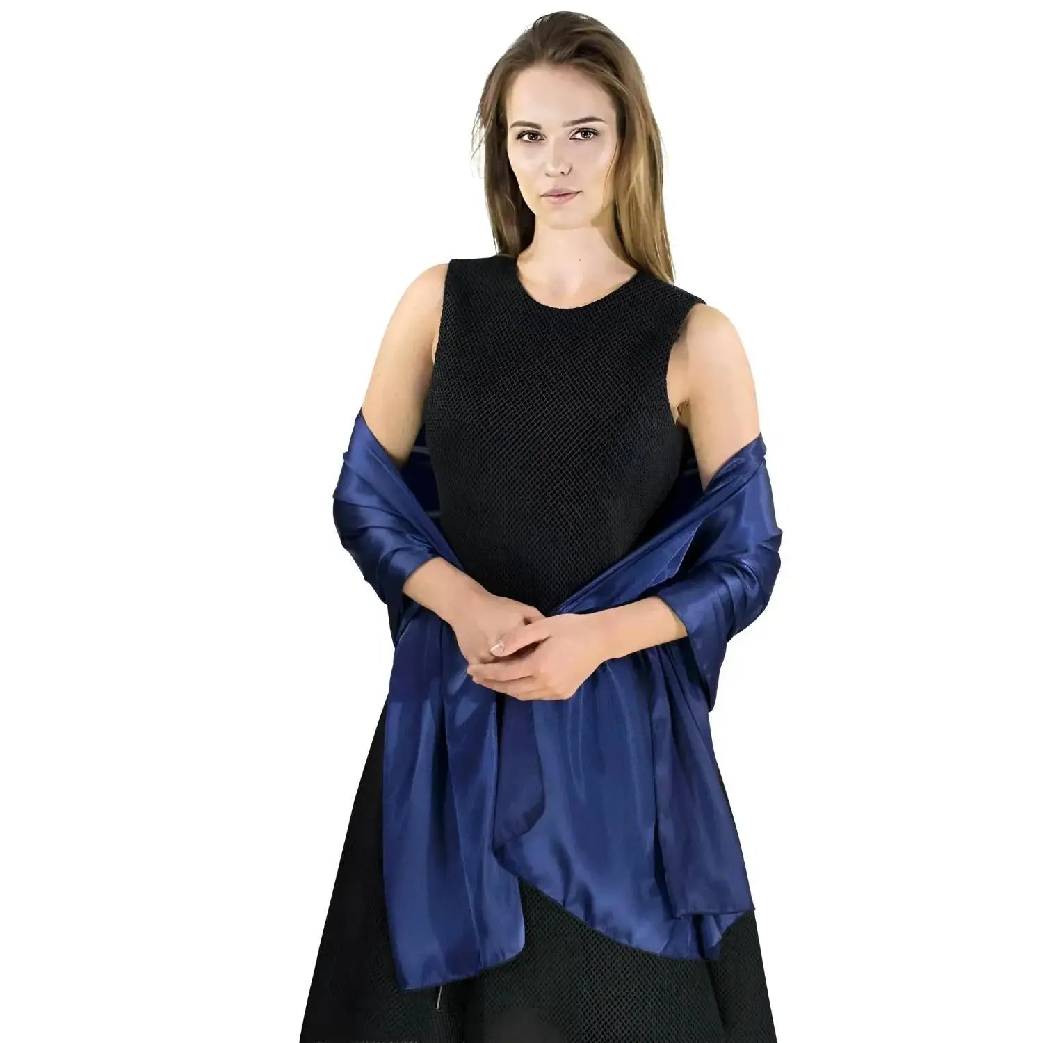 Woman in black dress and blue satin evening shawl - Classic Satin Silk Scarf, 71x27.5 inches