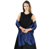 Woman in black dress and blue satin evening shawl - Classic Satin Silk Scarf, 71x27.5 inches