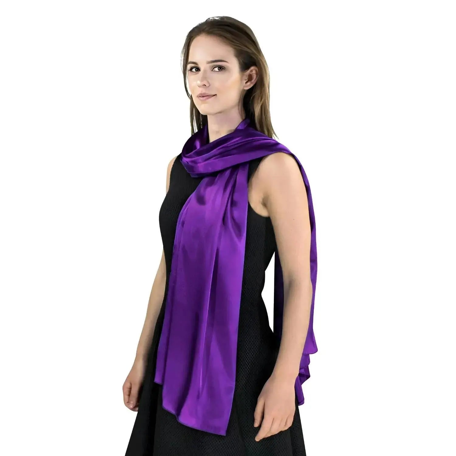 Elegant satin evening scarf draped over black sleeveless dress, 71 x 27.5 inches