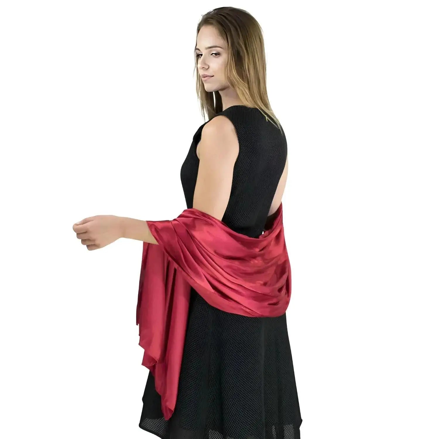 Elegant satin evening look: woman in black dress with red Classic Solid Satin Silk Scarf