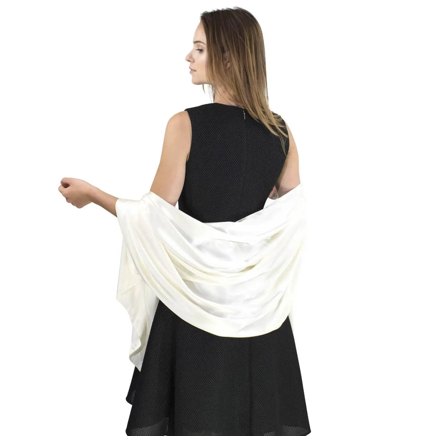 Woman in black dress with elegant satin evening scarf - Classic Satin Silk Feeling Shawl