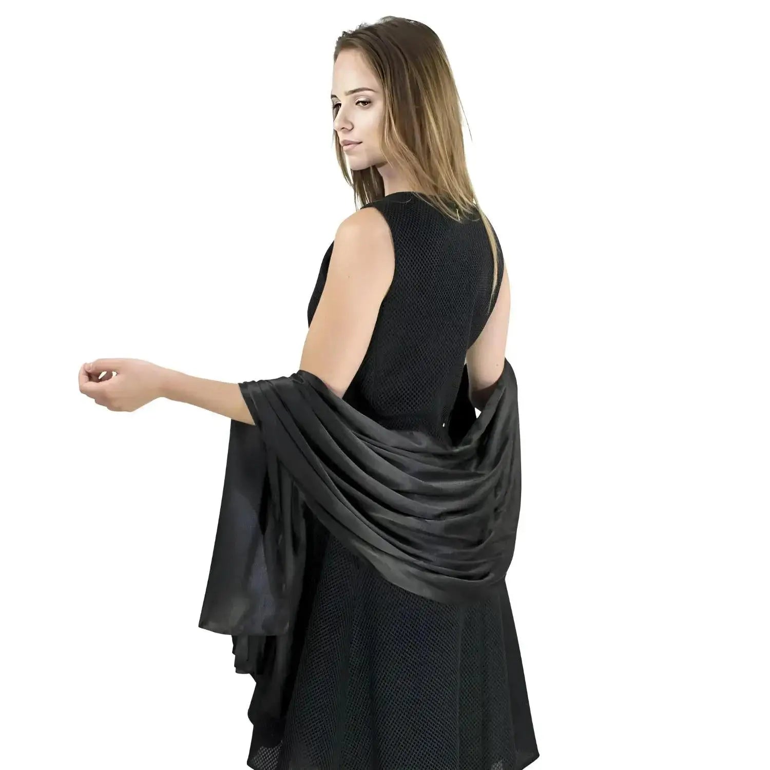 Elegant satin evening: Woman in sleeveless black dress with Classic Plain Solid Satin Silk Scarf