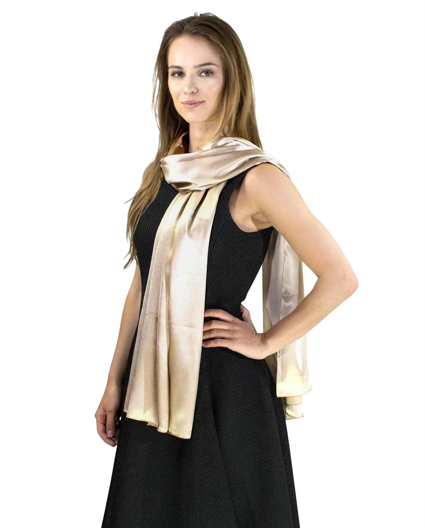 Elegant satin evening scarf draped over woman in black sleeveless dress