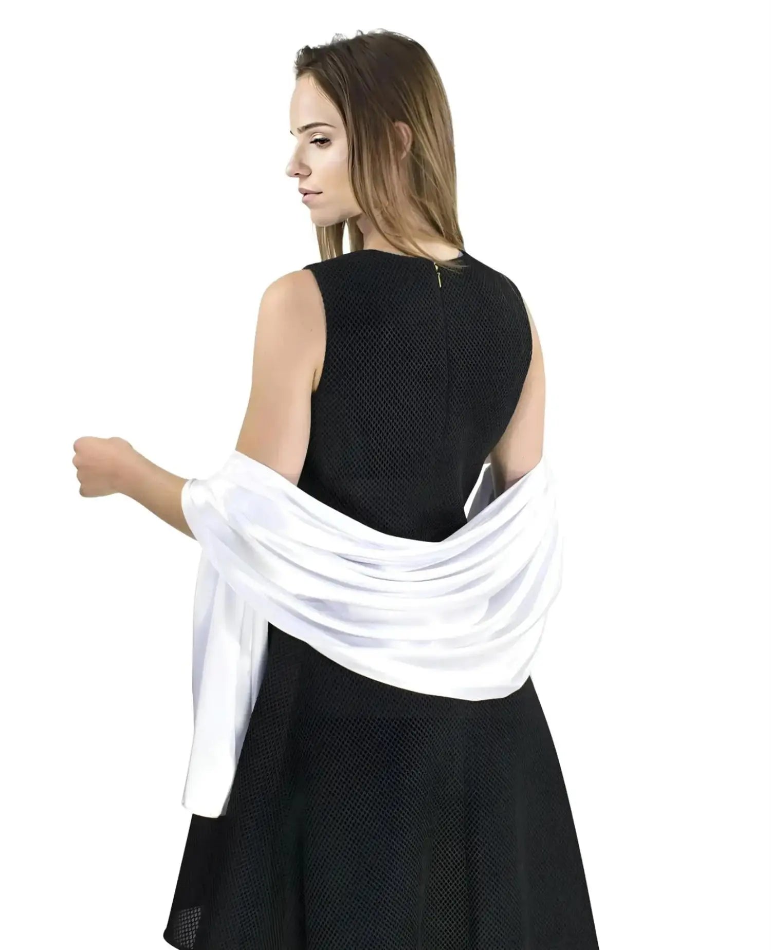 Woman in sleeveless black dress with elegant satin evening shawl draped over her arms