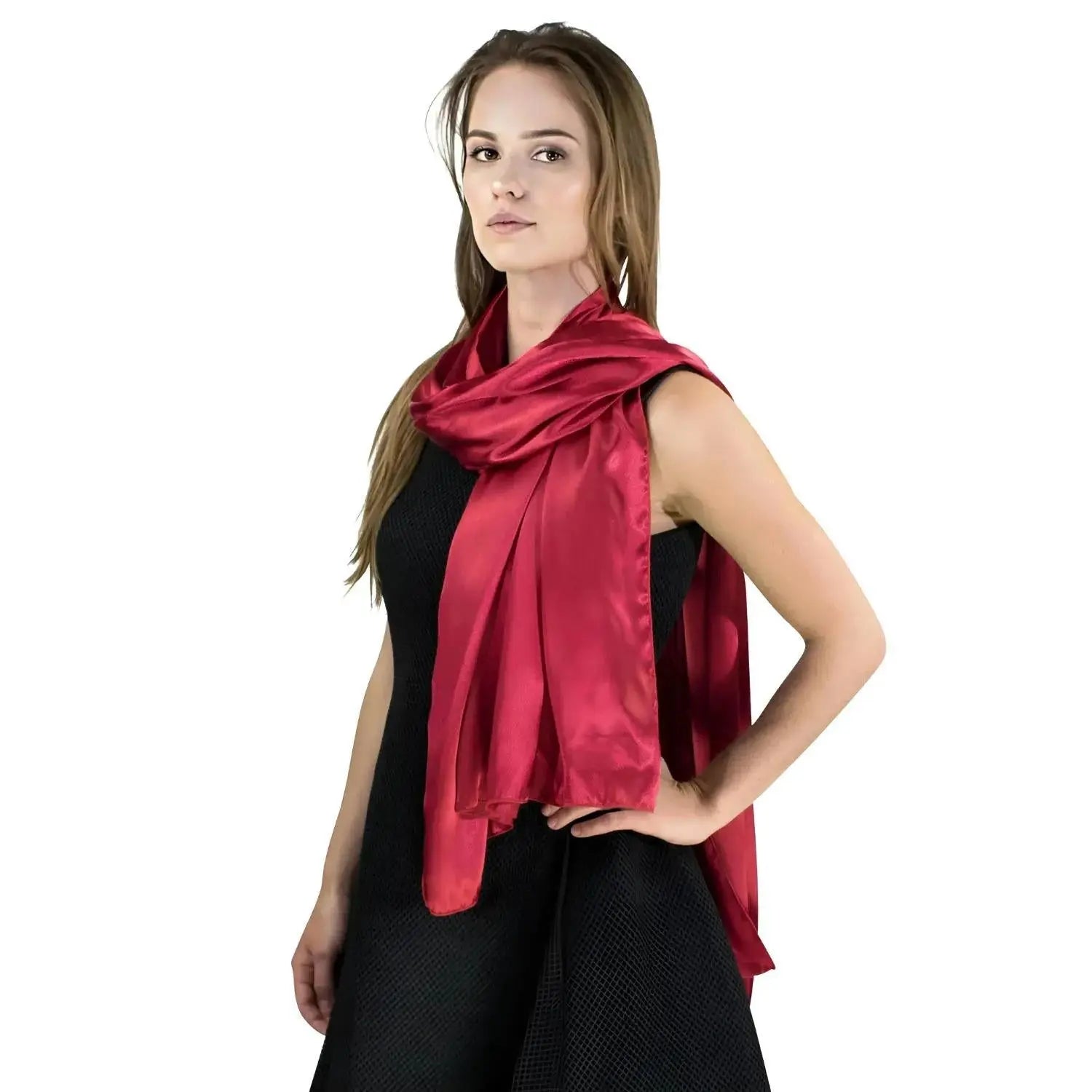 Elegant woman in satin evening scarf, perfect for stylish looks