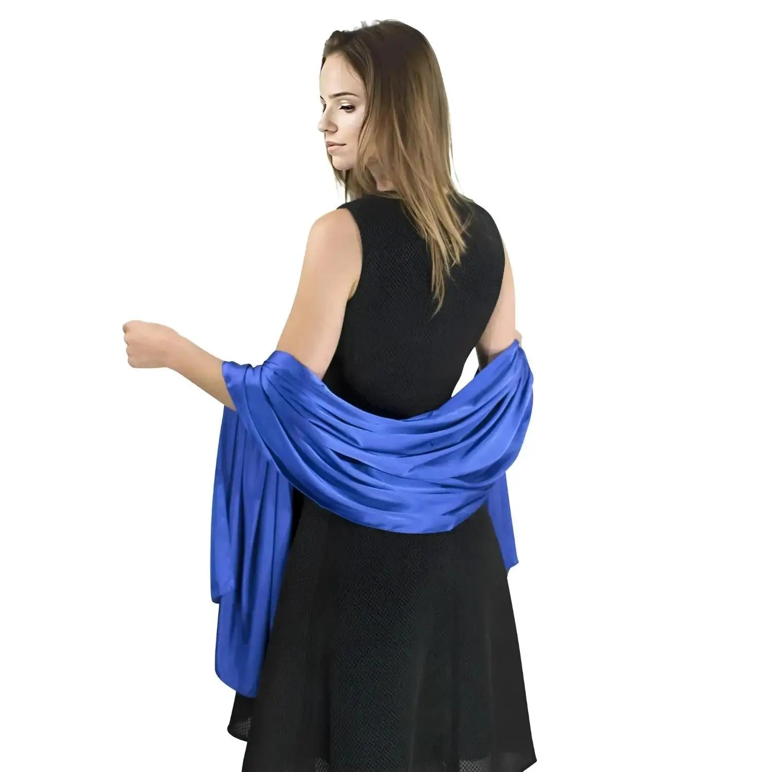 Woman in black sleeveless dress with elegant satin evening shawl draped over her arms