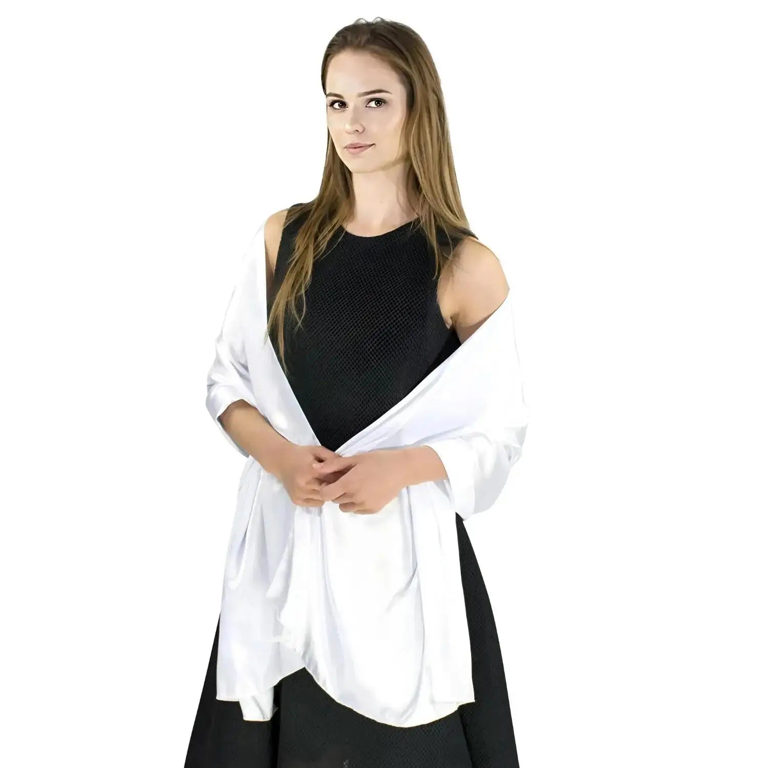 Woman in black sleeveless dress, white satin evening shawl draped over arms