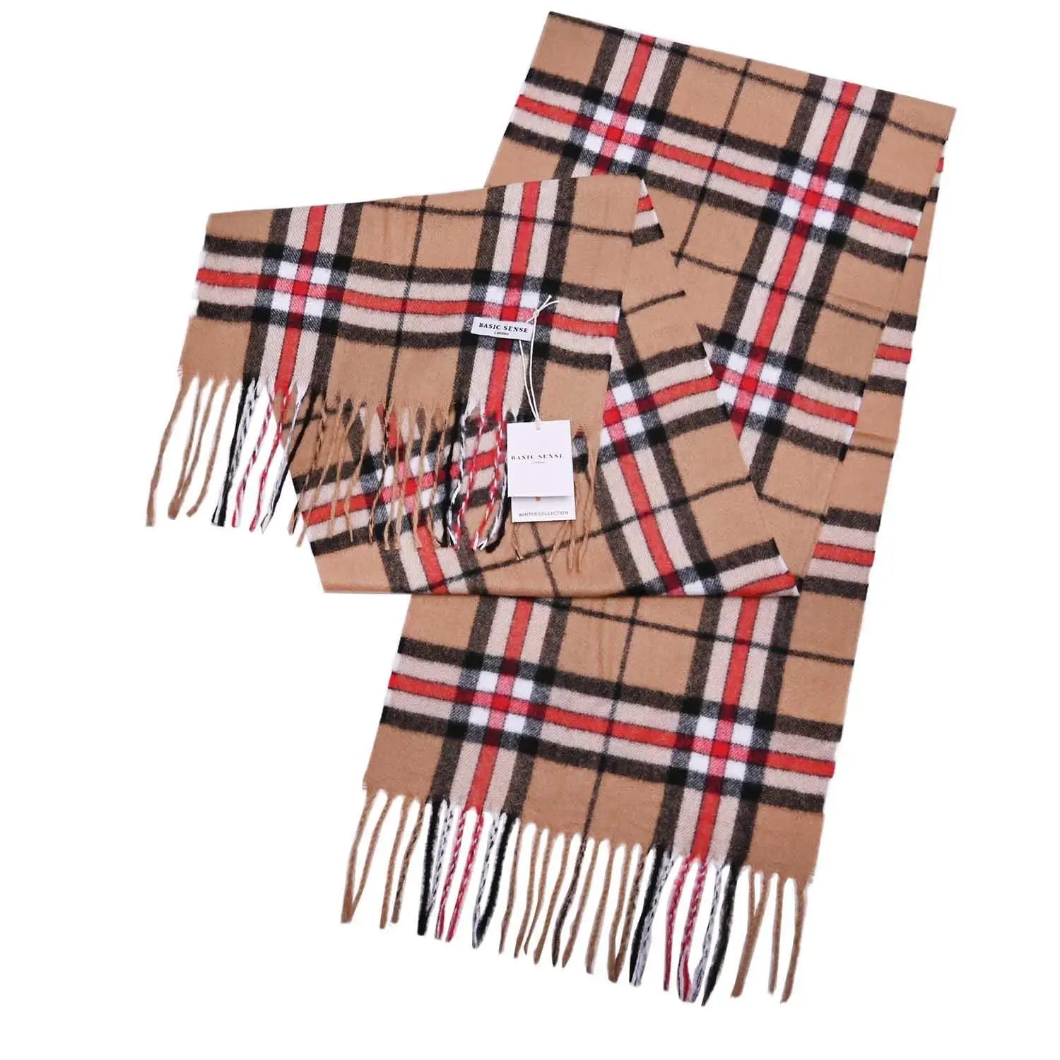 Classic Scottish Tartan Winter Scarf in tan, red, black, and white, super soft design