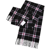 Plaid Scottish Tartan winter scarf in black, white, and pink, super soft with fringed ends