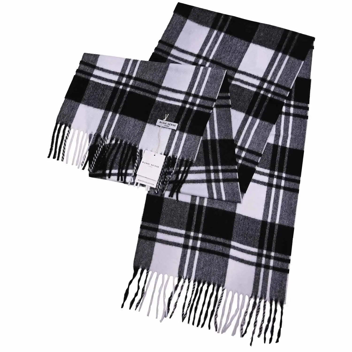 Classic Scottish Tartan Winter Scarf in black, white, and gray with fringed ends