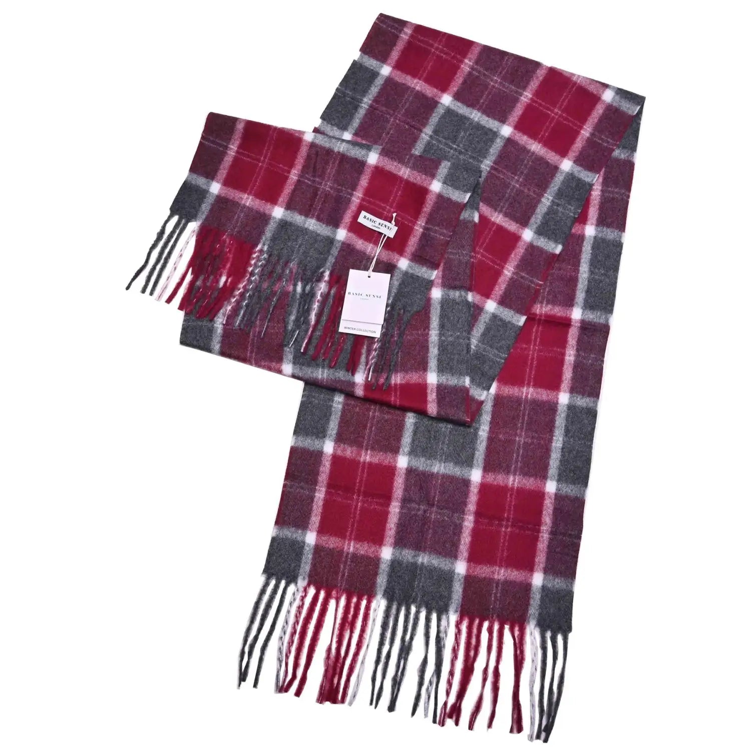 Plaid wool Classic Scottish Tartan winter scarf in red, gray, and white with fringed ends