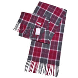 Plaid wool Classic Scottish Tartan winter scarf in red, gray, and white with fringed ends