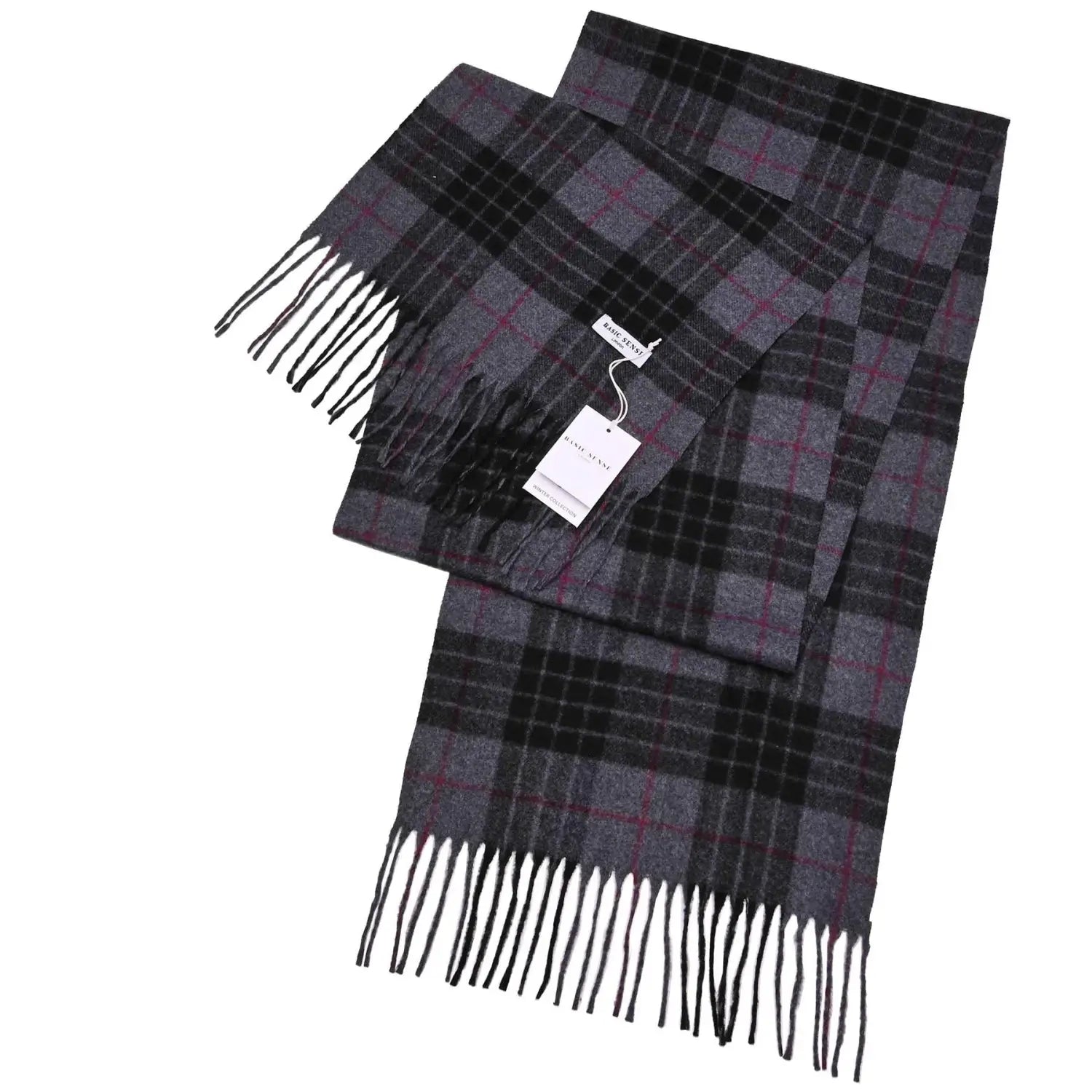 Plaid wool winter scarf in dark gray, black, and purple tones with fringe, super soft