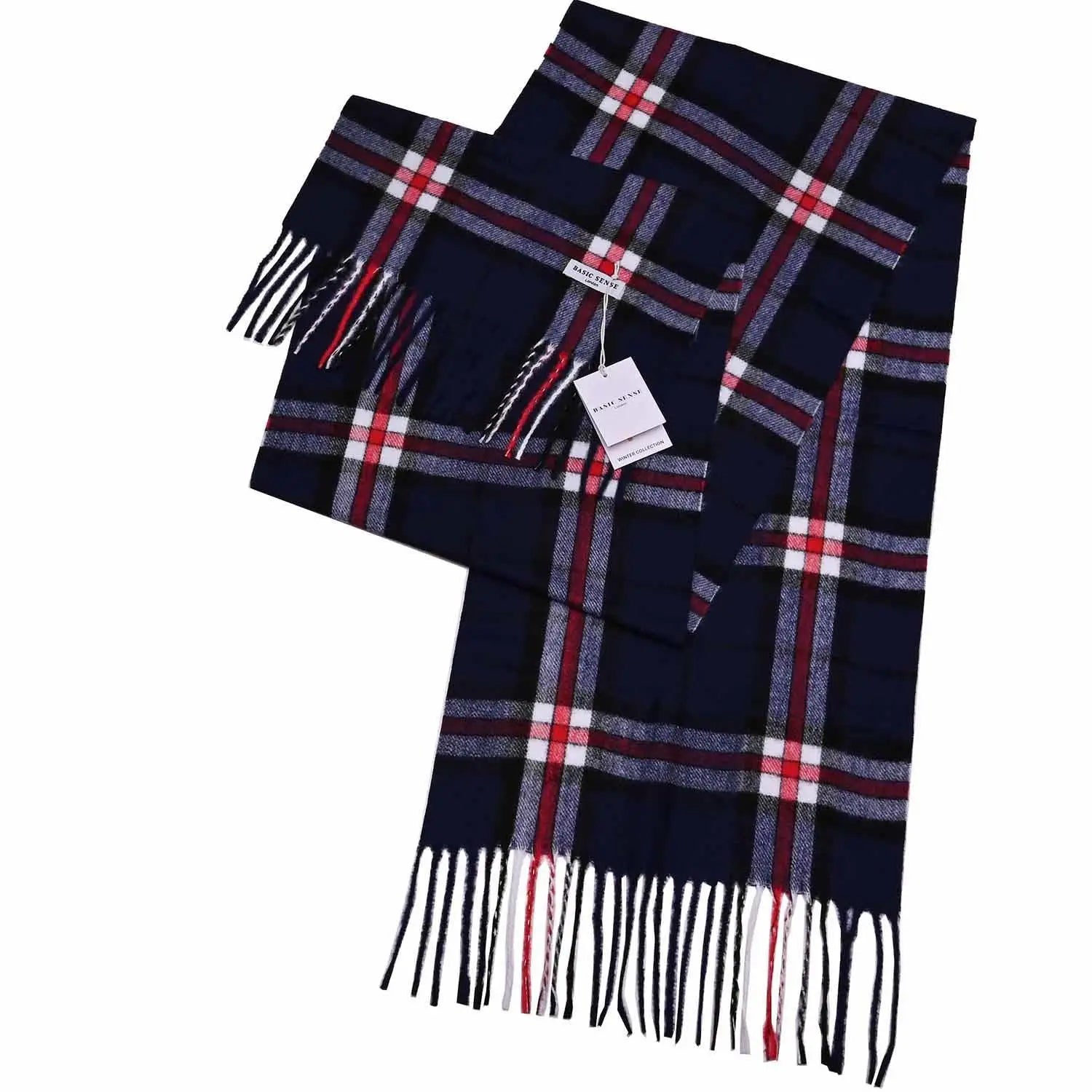 Classic Scottish Tartan winter scarf in navy, red, and white, super soft with fringe