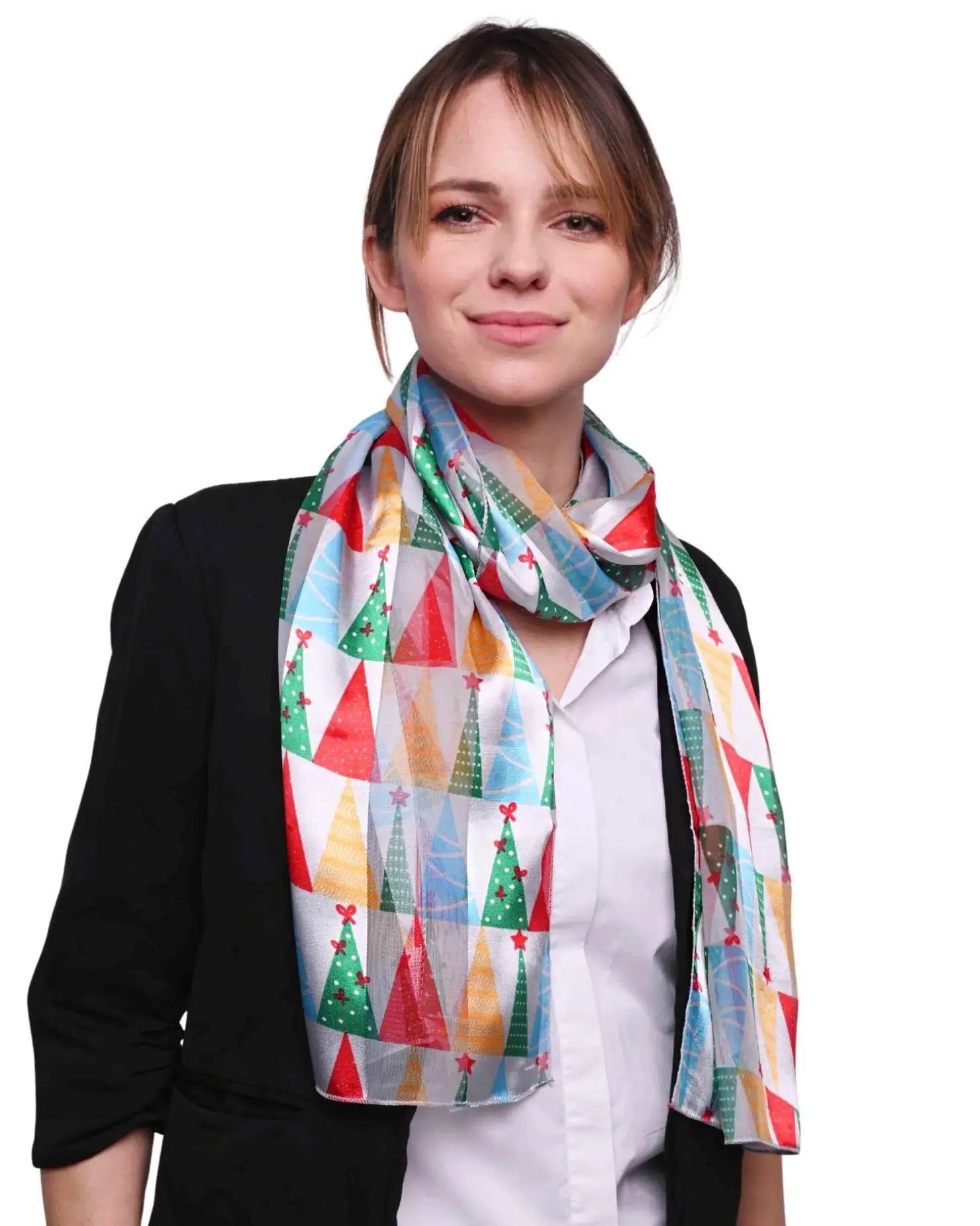 Woman wearing colourful christmas tree satin scarf with colorful pattern