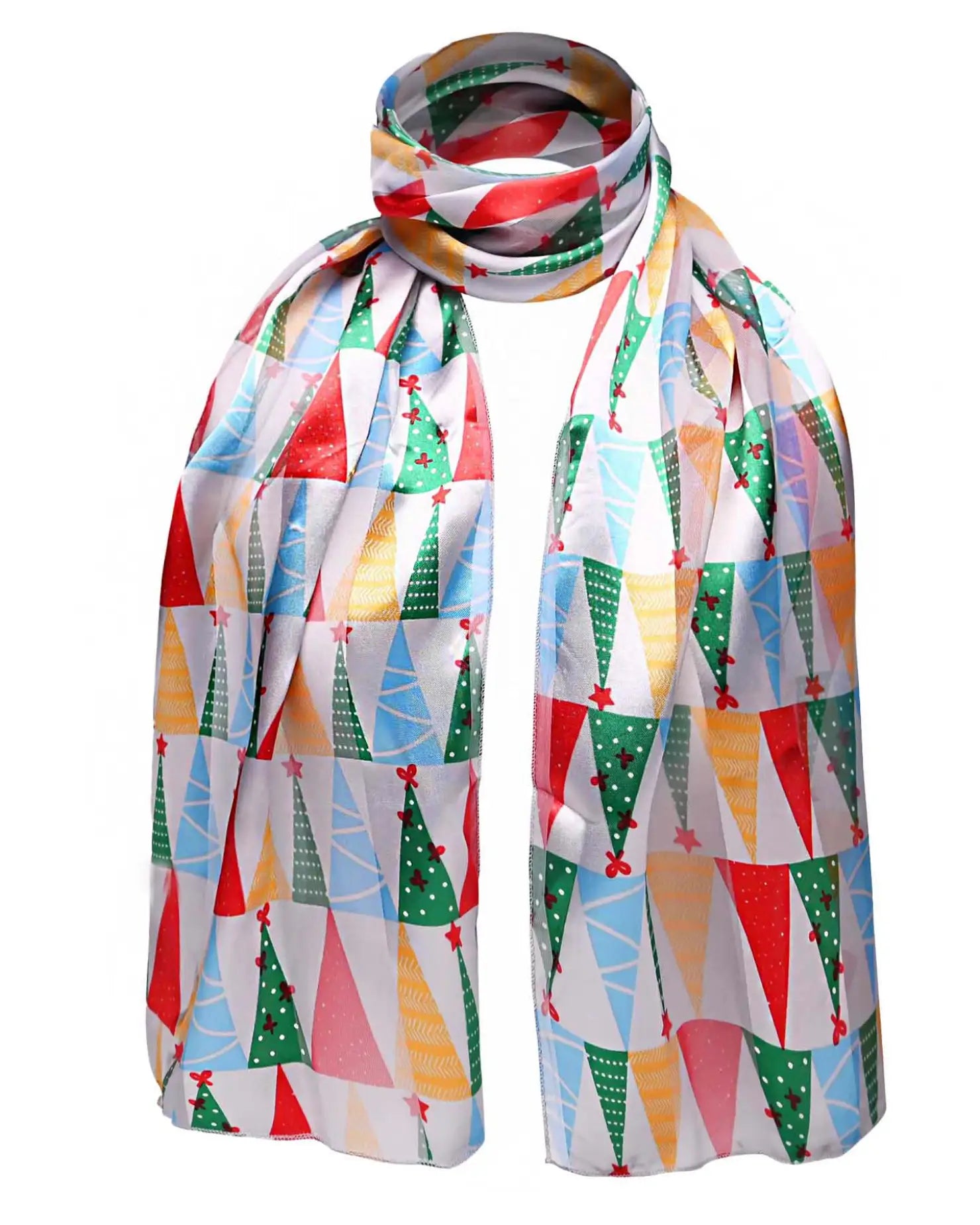 Colourful Christmas Tree Satin Scarf with Geometric Designs