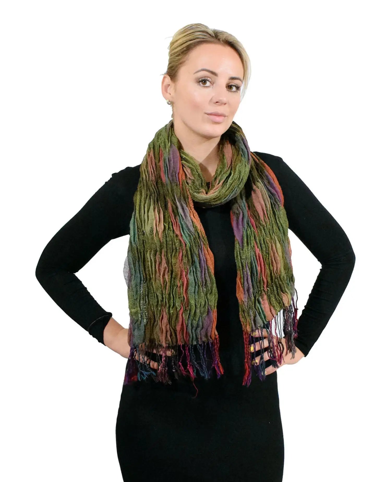 Woman wearing colourful crinkled bobble knitted scarf