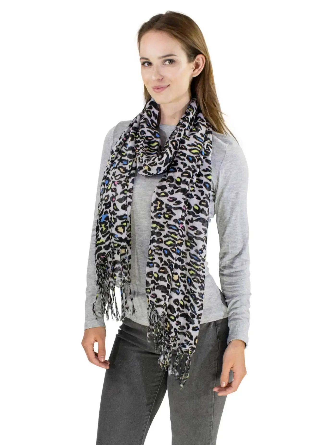 Stylish woman wearing colourful leopard print scarf
