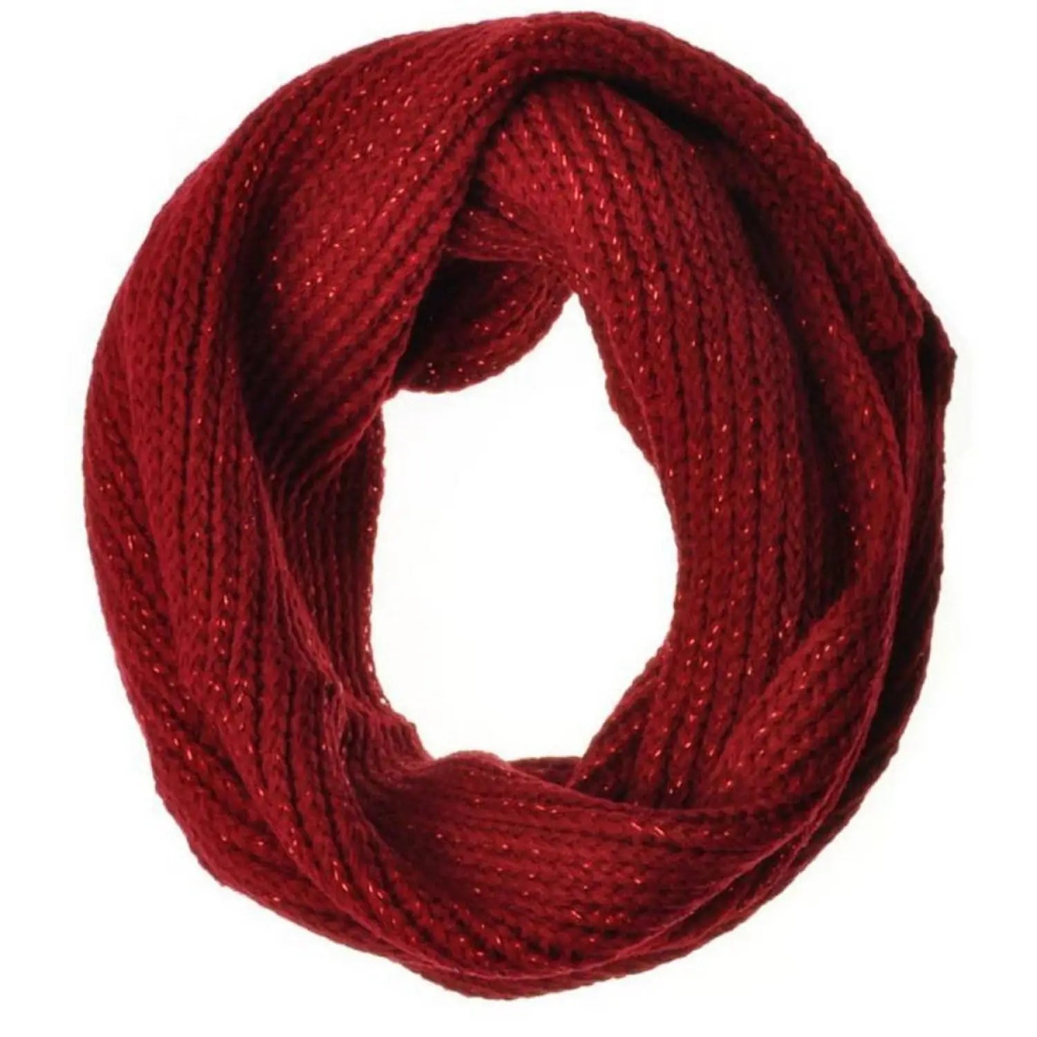 Red cable knit scarf displayed in Cosy Chunky Knit Snood for warm autumn & winter.