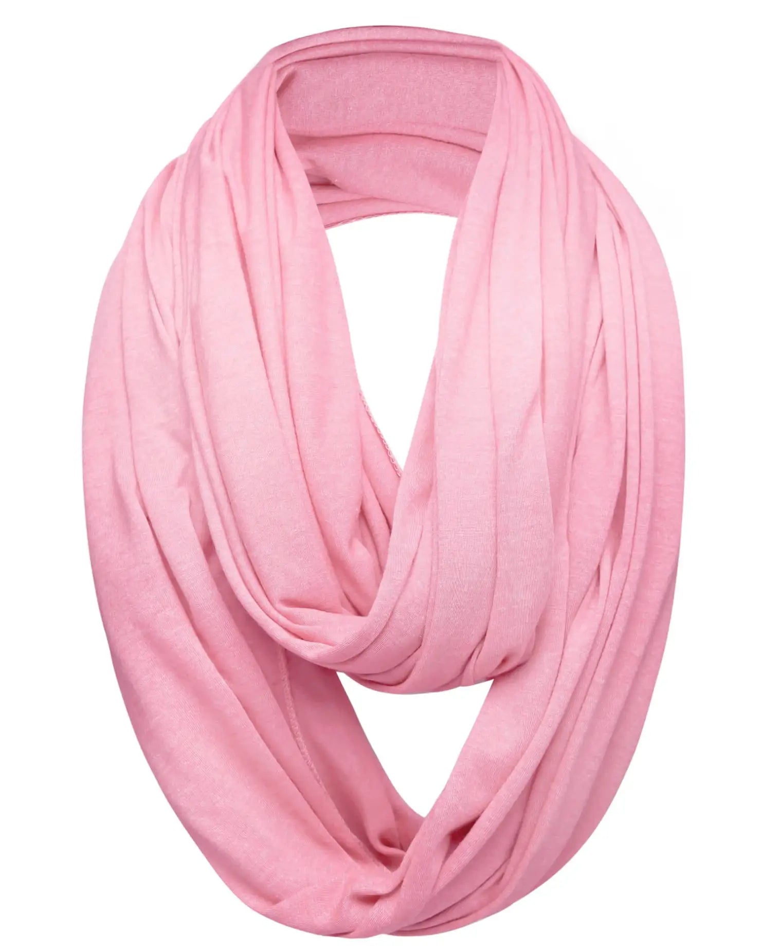 Pink cotton blend jersey winter snood scarf on white background