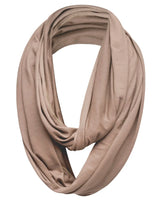 Cotton Blend Jersey Winter Snood: Close-up of Tan Scarf on White Background