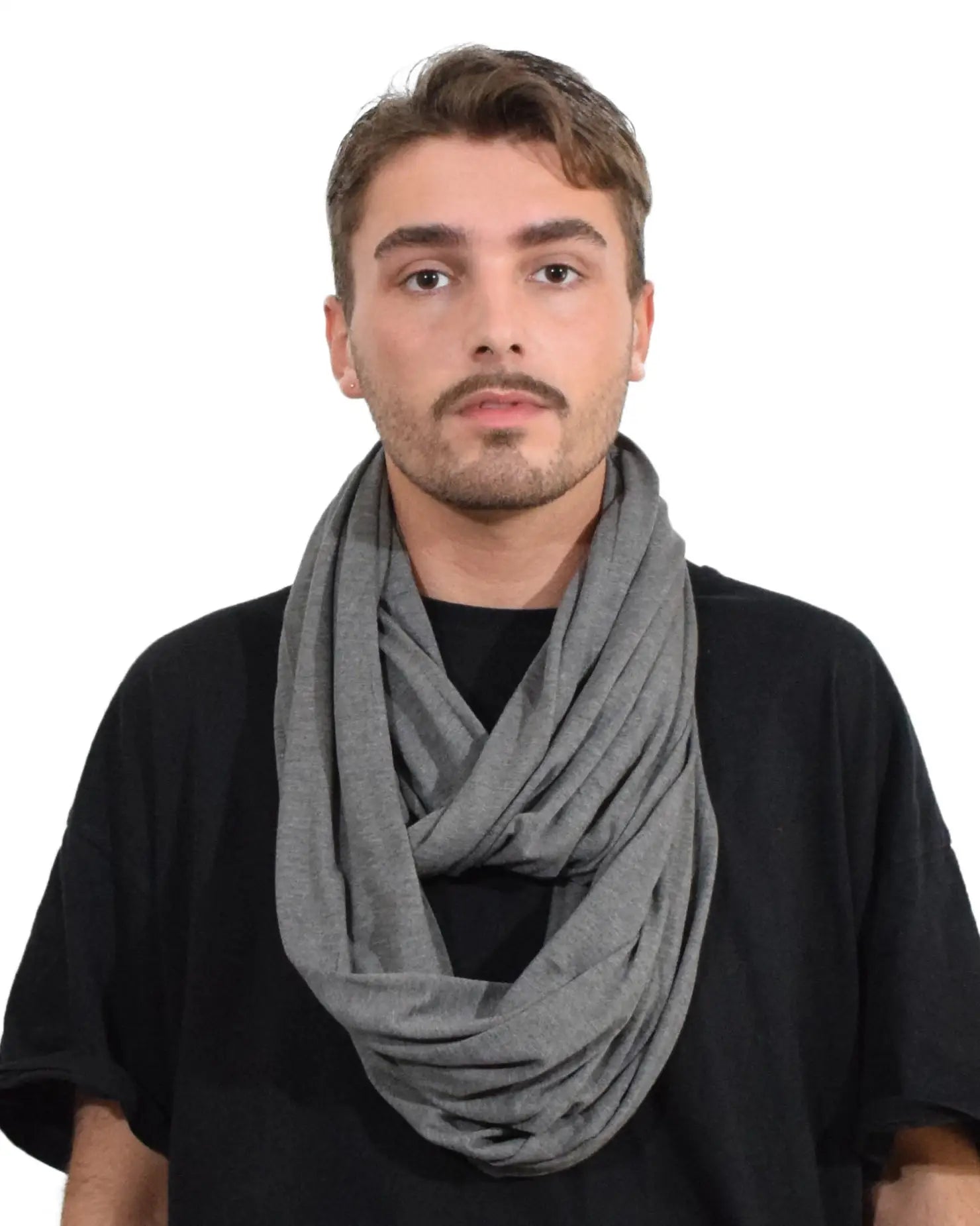 Gray scarf made from cotton blend jersey fabric worn by a man