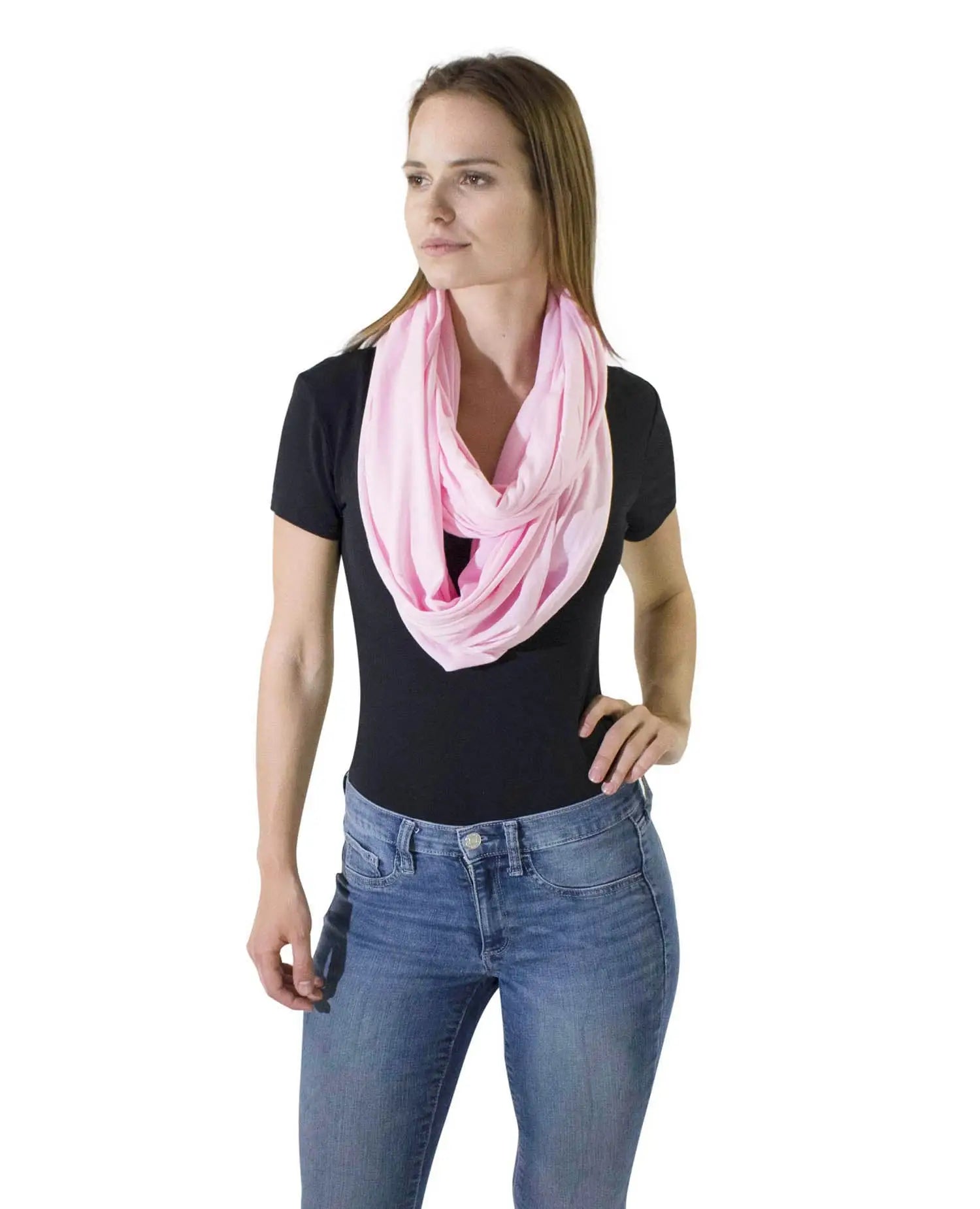 Cotton Blend Jersey Winter Snood: Woman in Pink Scarf