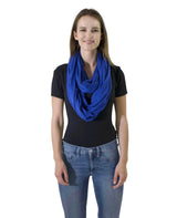 Cotton blend jersey winter snood featuring woman wearing blue scarf.