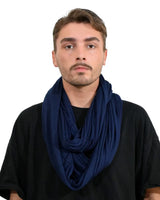 Man wearing black shirt and blue scarf, Cotton Blend Jersey Winter Snood: Cosy & Versatile Scarf.