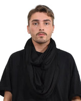 Man wearing black cotton blend jersey winter snood scarf