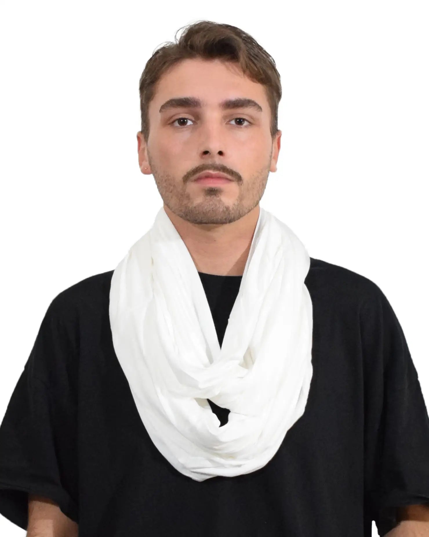 Cotton Blend Jersey Winter Snood: man wearing white scarf