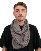 Man in gray cotton blend jersey winter snood scarf.