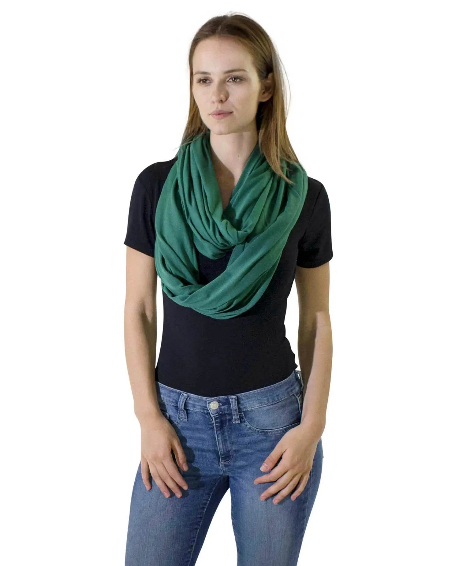 Cotton blend jersey winter snood with woman wearing green scarf
