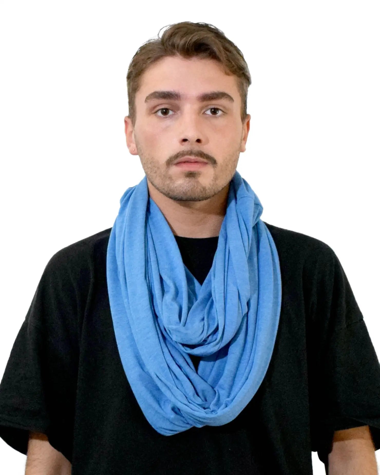 Man wearing blue cotton blend jersey winter snood scarf.