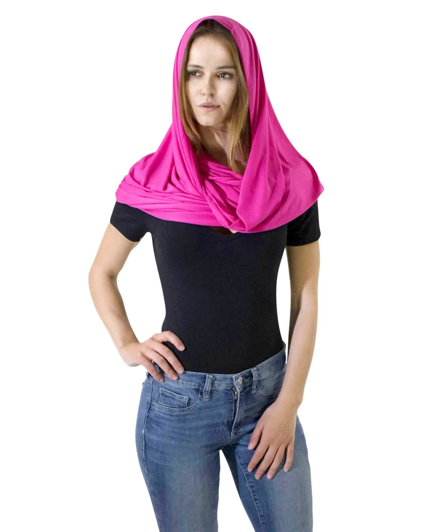 Cotton Blend Jersey Winter Snood: Woman in Pink Scarf